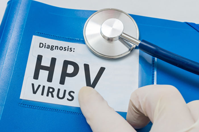 Der HPV-Test erkennt keine Zellveränderungen (Krebsvorstufen). Bei der Vorsorge könnte ein HPV-Test dann sinnvoll, wenn der Frauenarzt im Rahmen seiner Behandlung von Krebsvorstufen, deren Verlauf und Erfolg überwachen will. Blauer Aktendeckel mit Aufschrift "HPV Virus"und Resonator eines Stethoskopes.