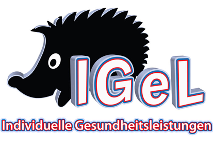 Cartoon-Zeichnung schwarzer IgelL  und IGeL Schriftzug  vor weißem Hintergrund.