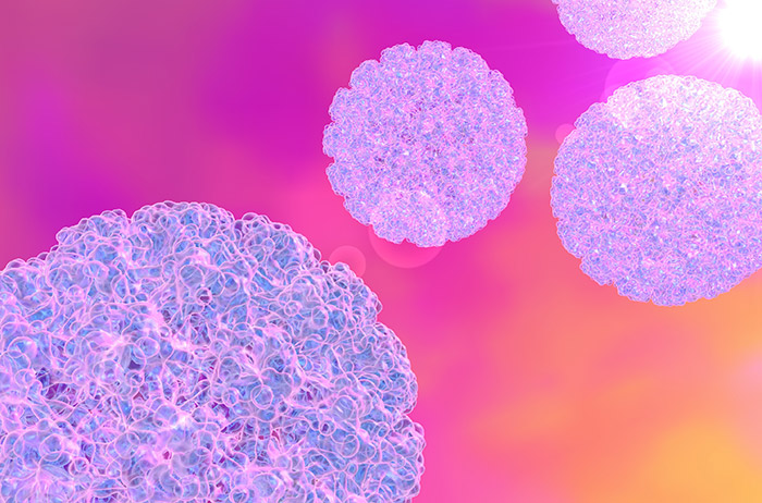 3 blaue HPV auf rot-gelbem Hintergrund