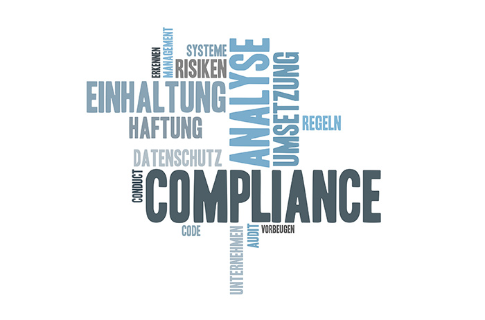 Rechteckige weiße Tafel, mit 15 ergänzenden Wörtern beschriftet um die Begriffe Compliance, Regeln.